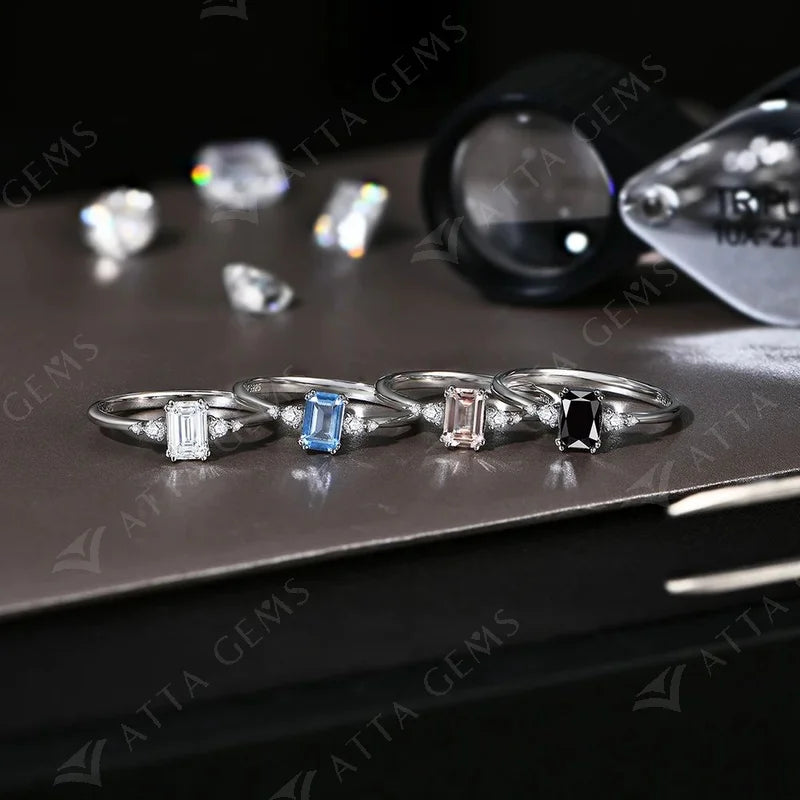 Moissanite ring showing emerald cut brilliance for an engagement ring look