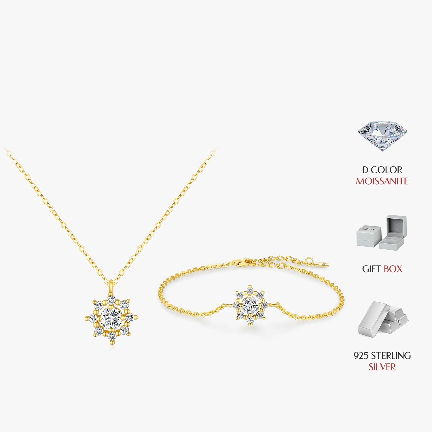 Close up of snowflake link chain necklace showing moissanite jewelry sparkle