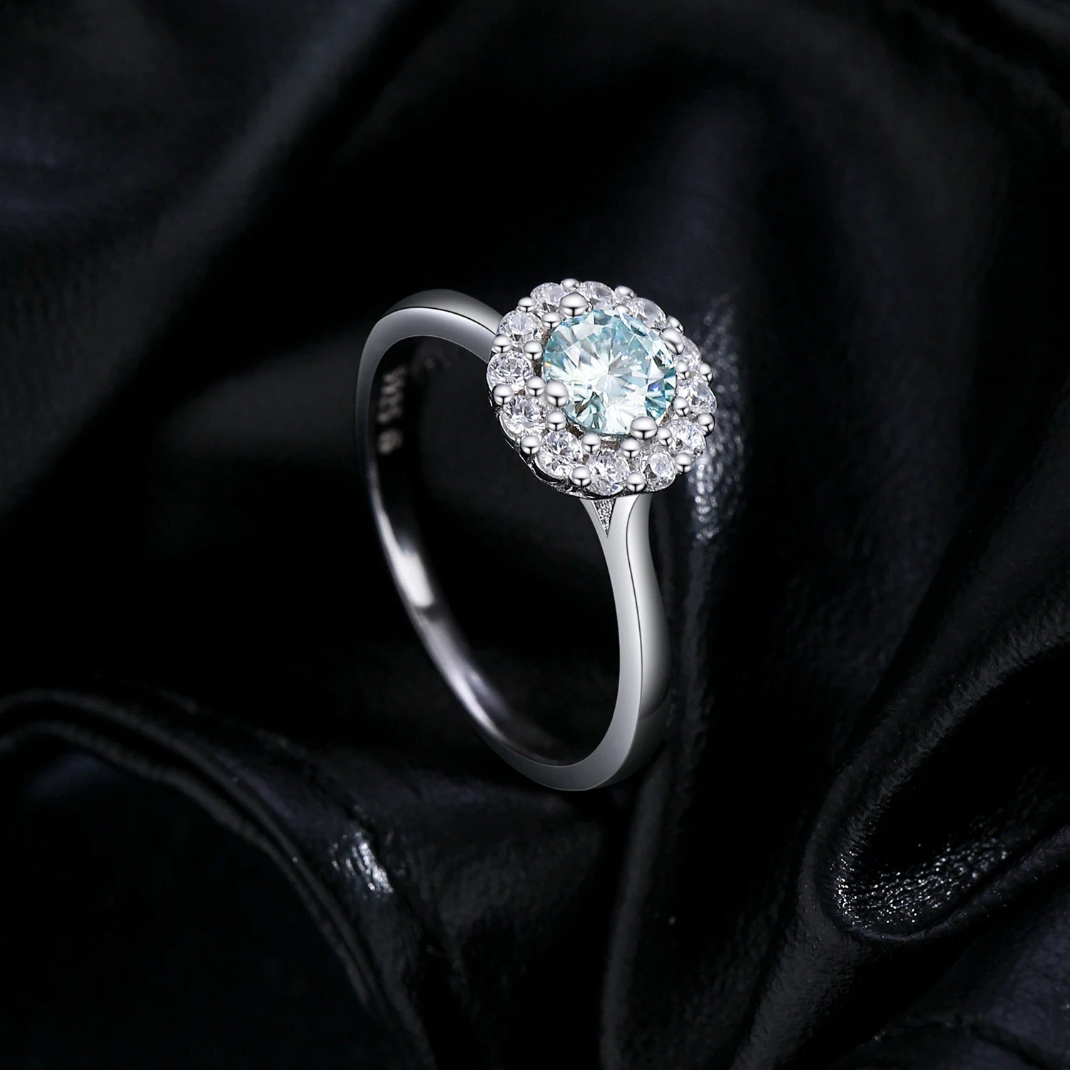 Halo ring green moissanite distinctions in sterling silver