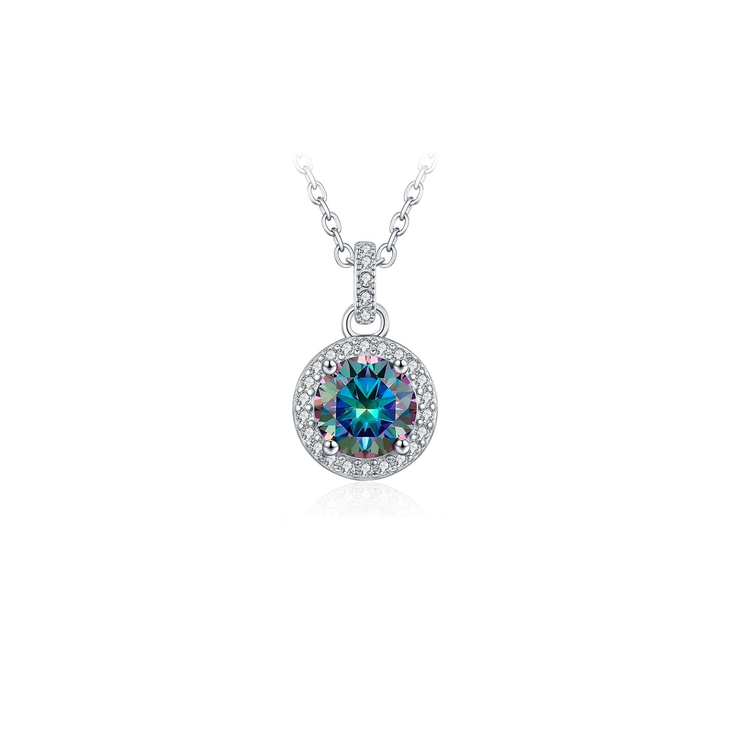 Multicolor round moissanite pendant necklace in polished 925 sterling silver chain