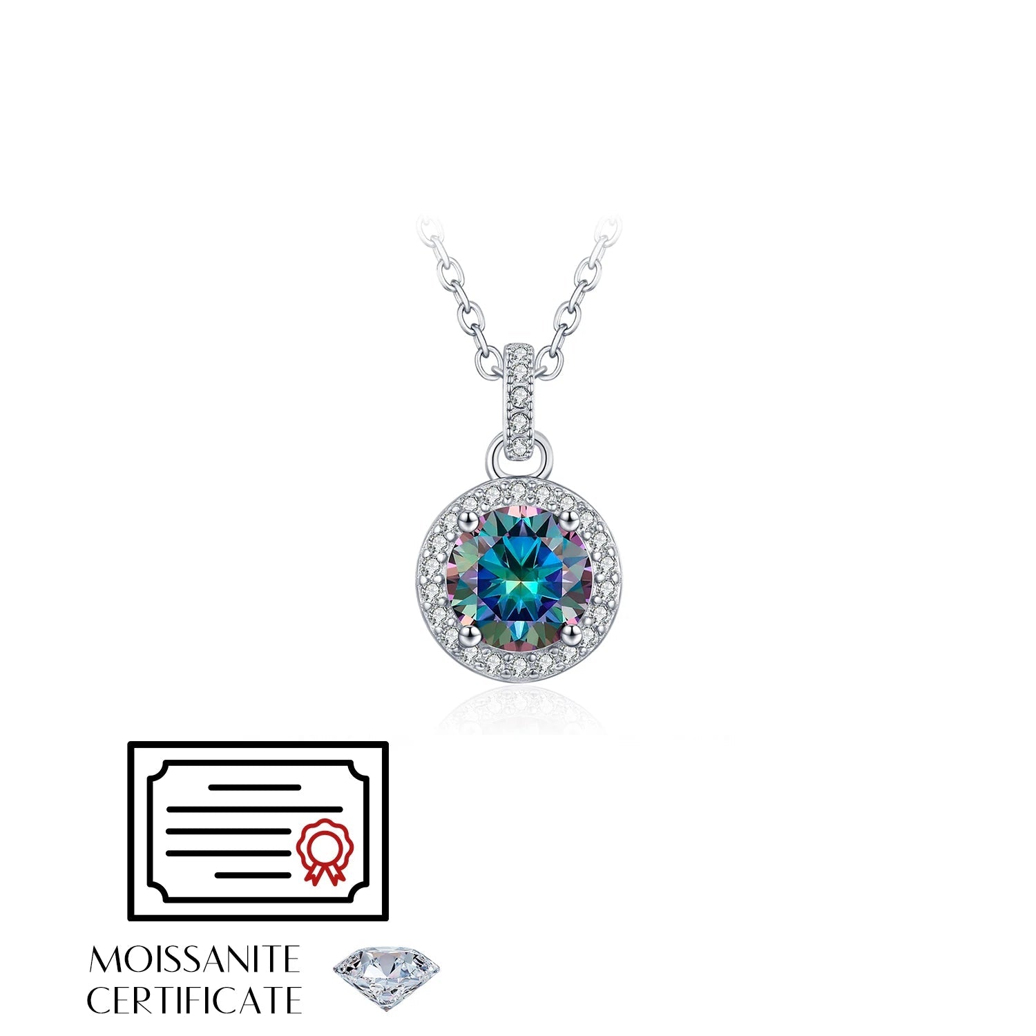 Diamond jewelry style pendant necklace with moissanite shine and silver finish