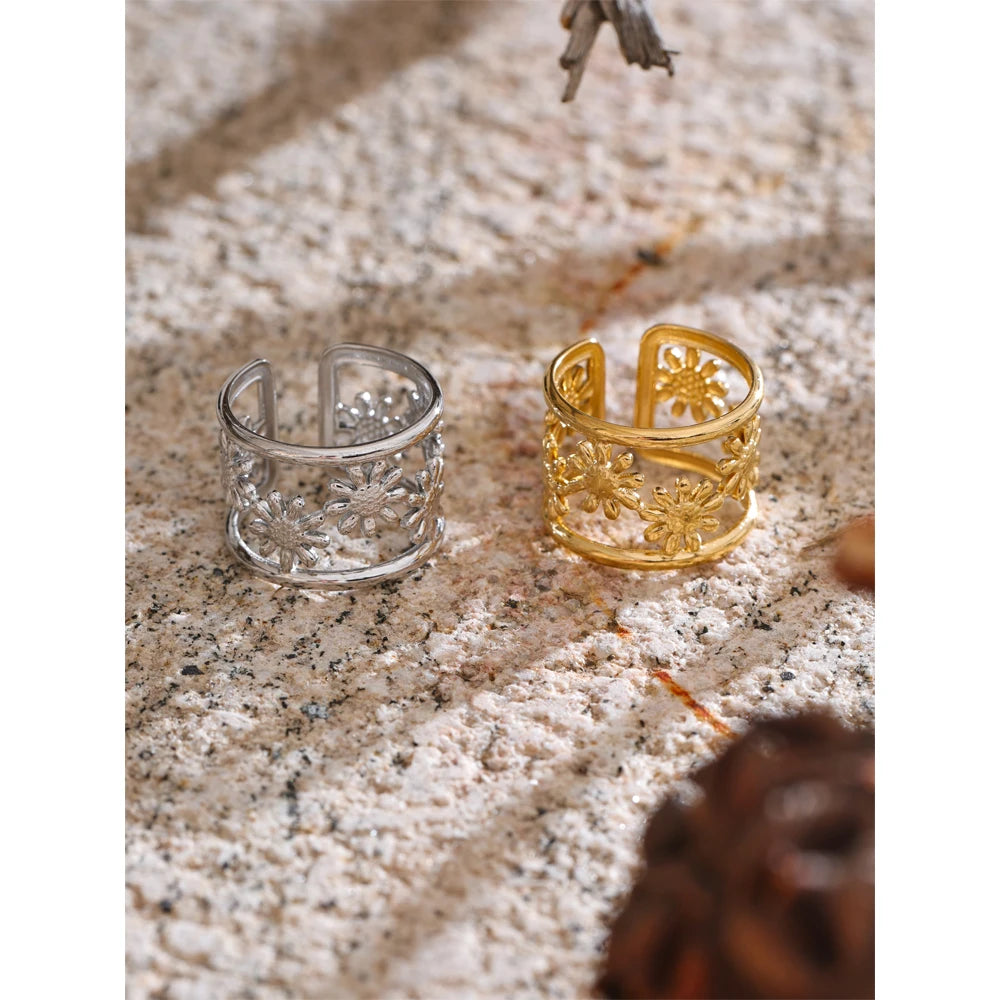 Rings gold ring look featuring dual-tone plated flower ring for modern styling