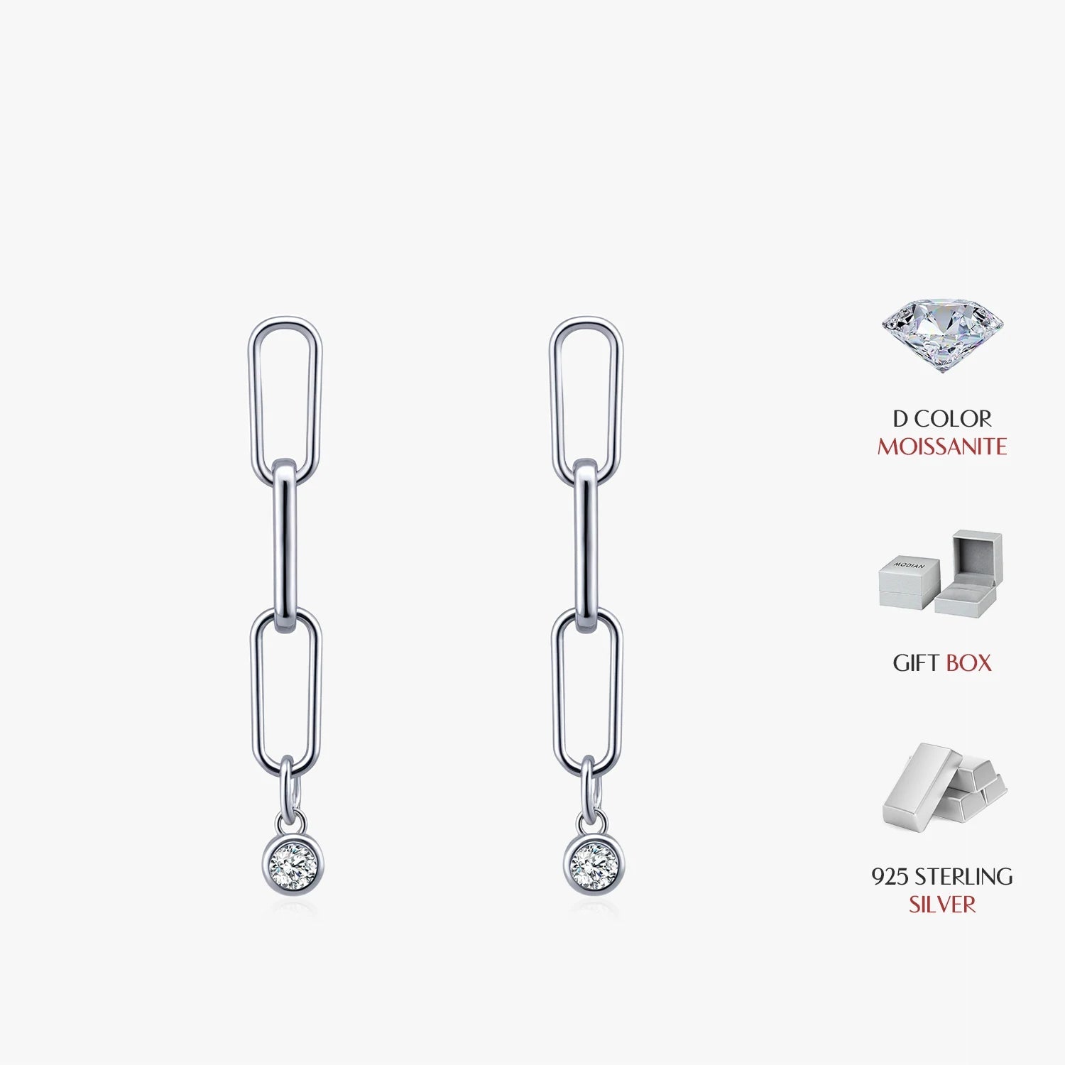 Sterling silver stud earrings with link chain and moissanite