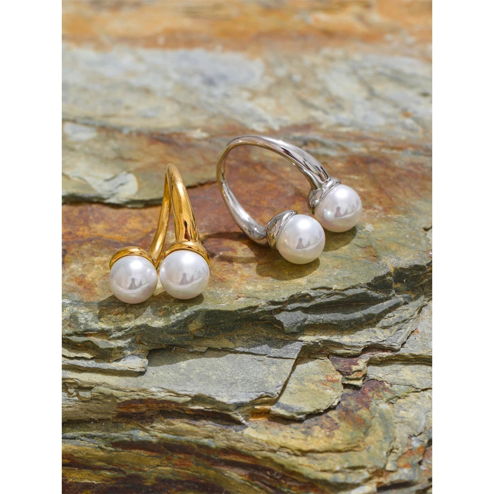 Imitation pearls ring stainless steel open geometric style