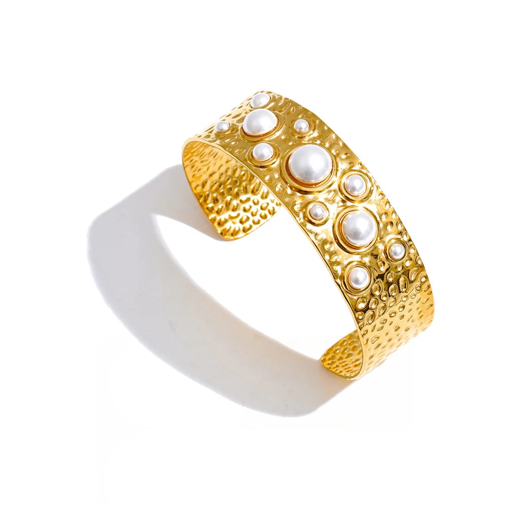 Pearl hammered cuff bracelet and ring set with gold textured shine