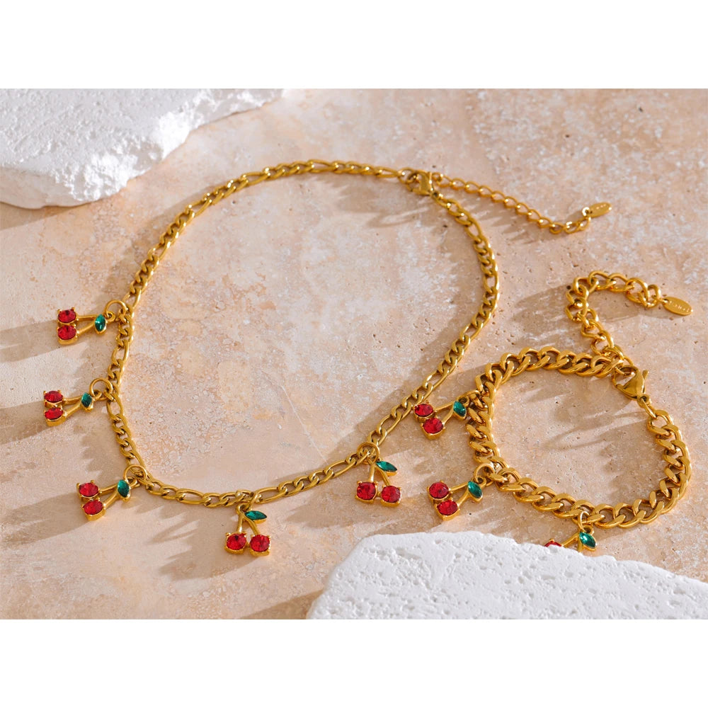 18K gold plated chain set with cherry charm and stones