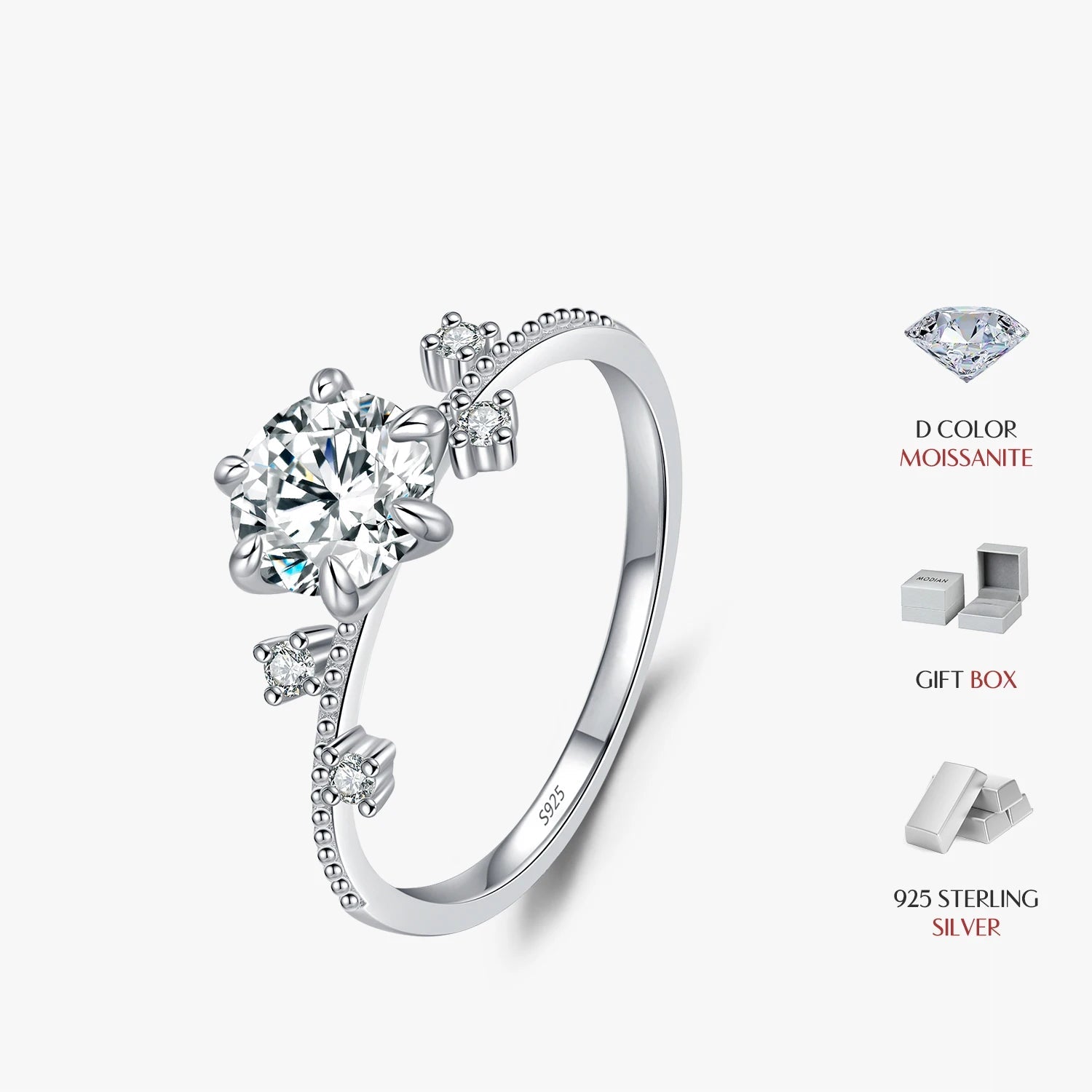 Elegant ring with size band holding a moissanite diamond sparkle