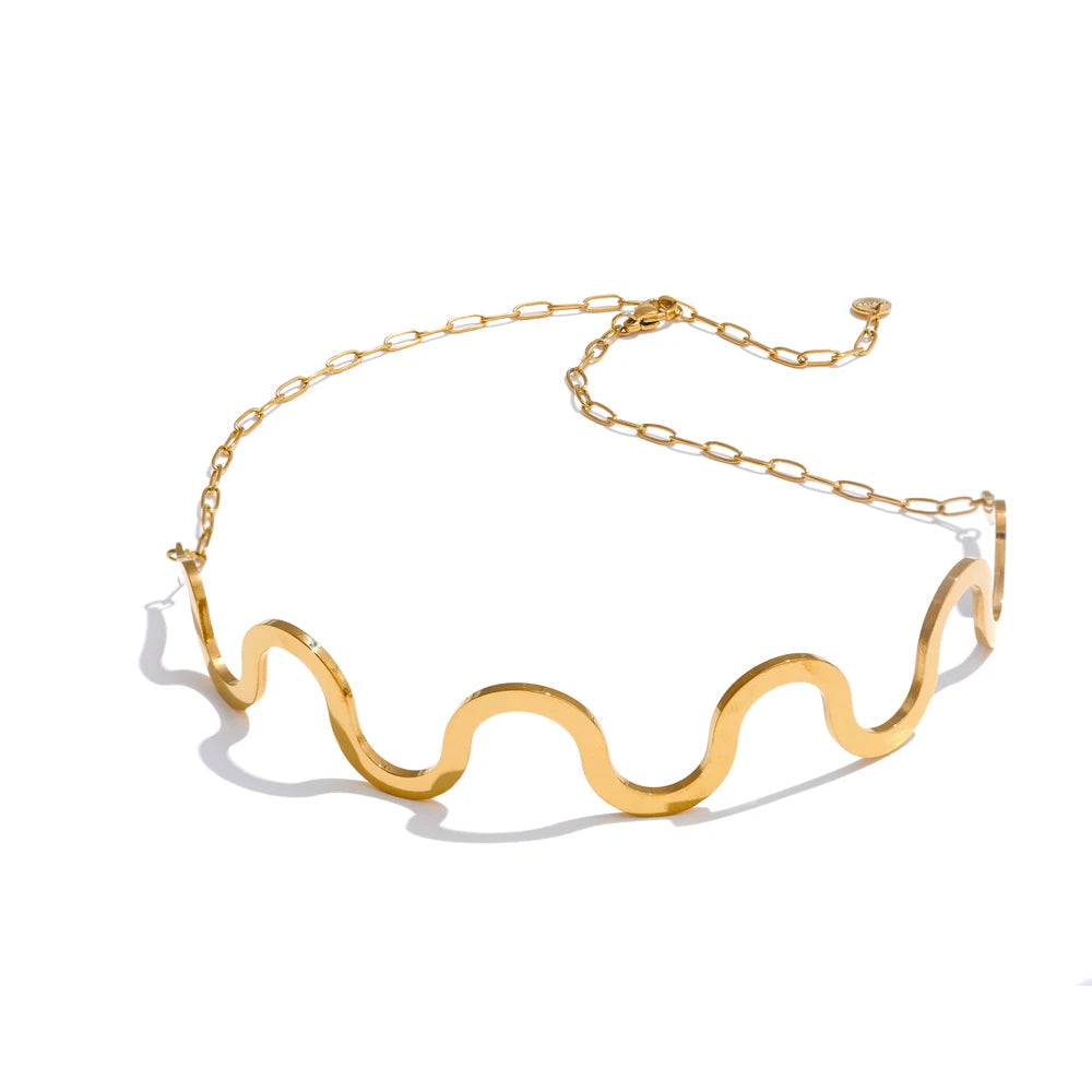 Gold plated wave choker necklace in stainless steel