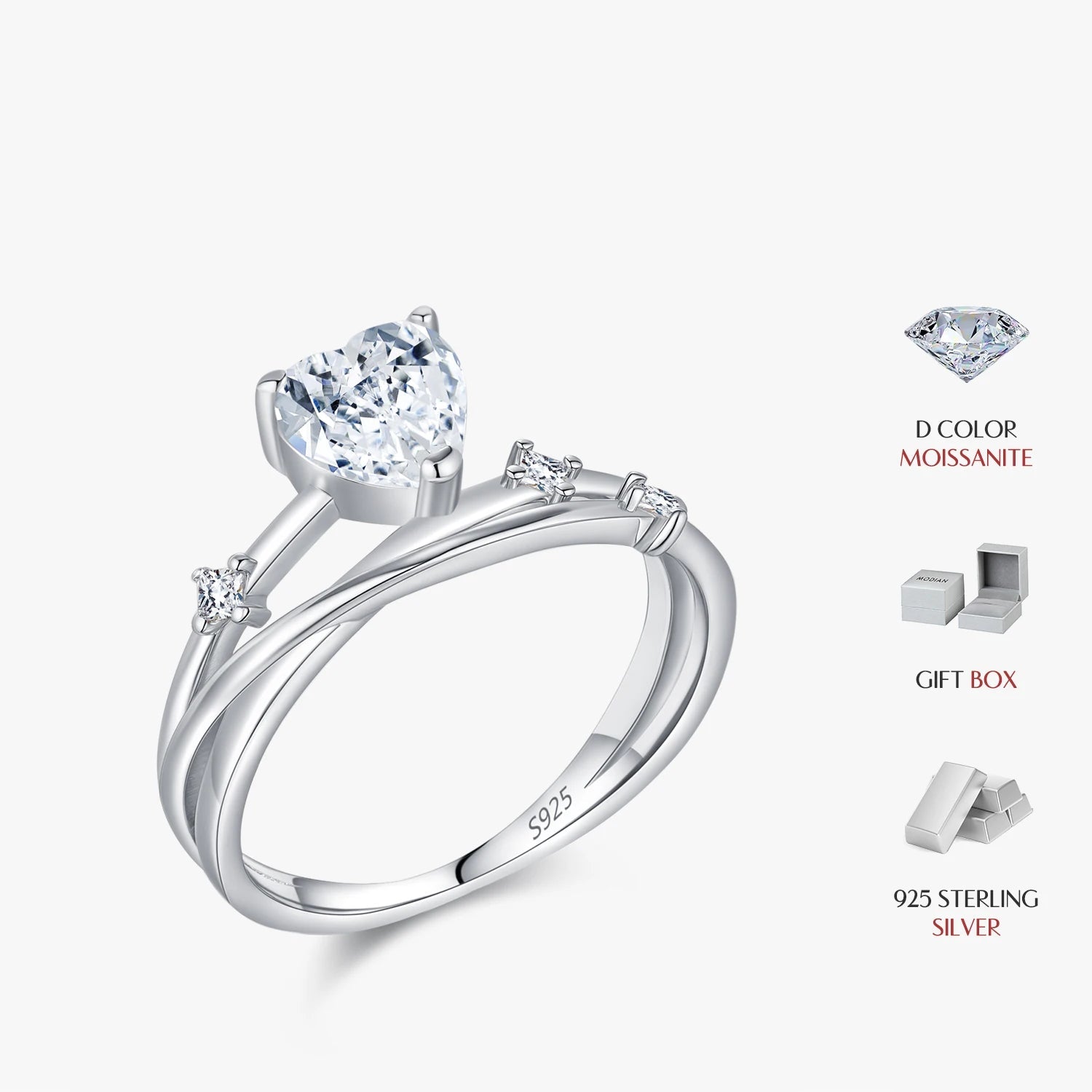 0.8ct heart shaped moissanite ring with layered bands