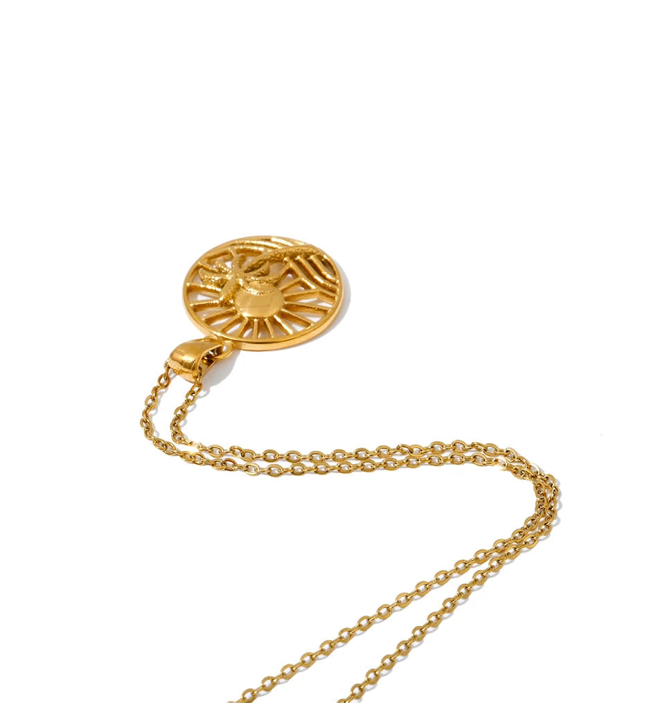 women’s vacation style gold necklace sun coconut tree motif stainless steel