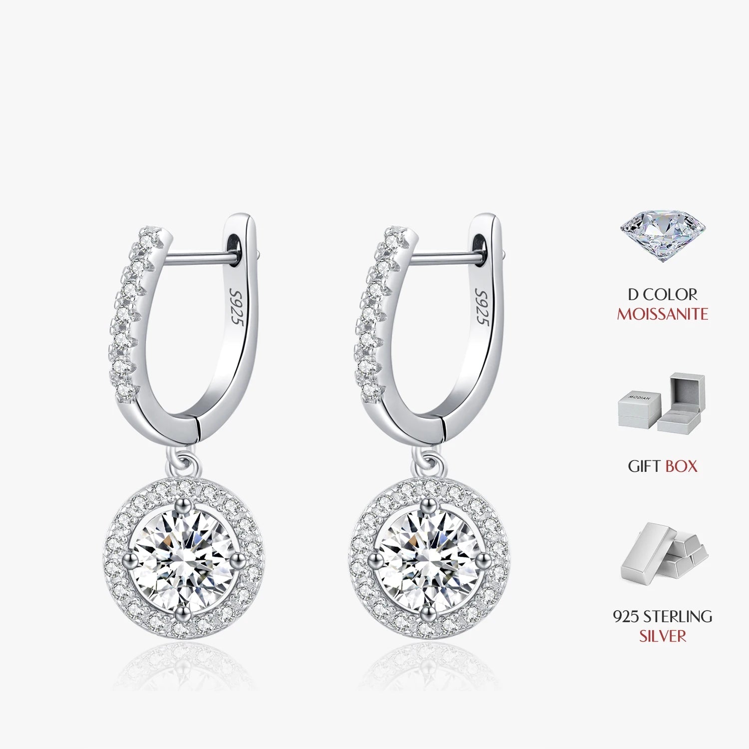 Close up of moissanite jewelry sparkle on silver earrings