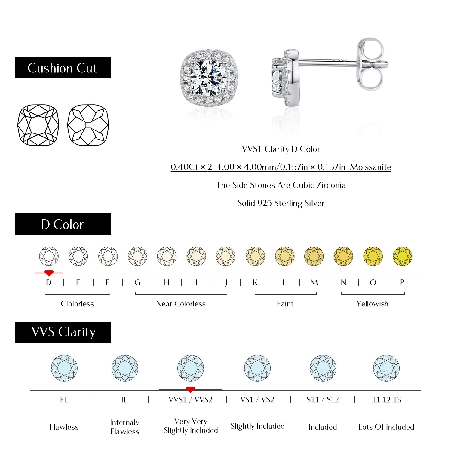 Diamond earrings placed on a display card beside matching silver earrings