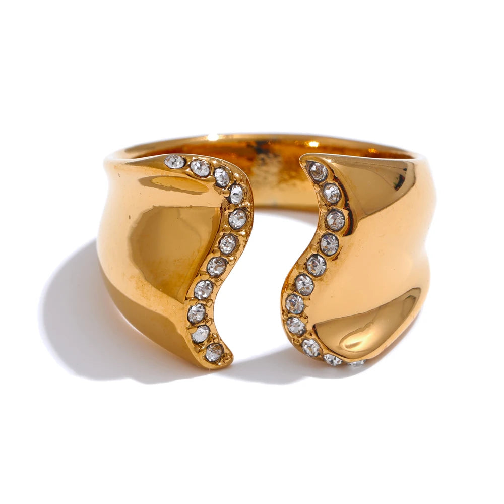 Wave geometric open gold plated ring with cubic zirconia shine