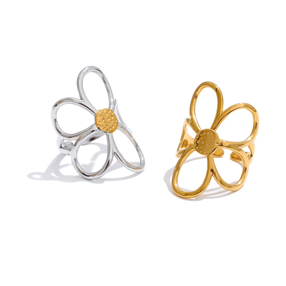 Adjustable flower finger ring in gold plated stainless steel jewelry