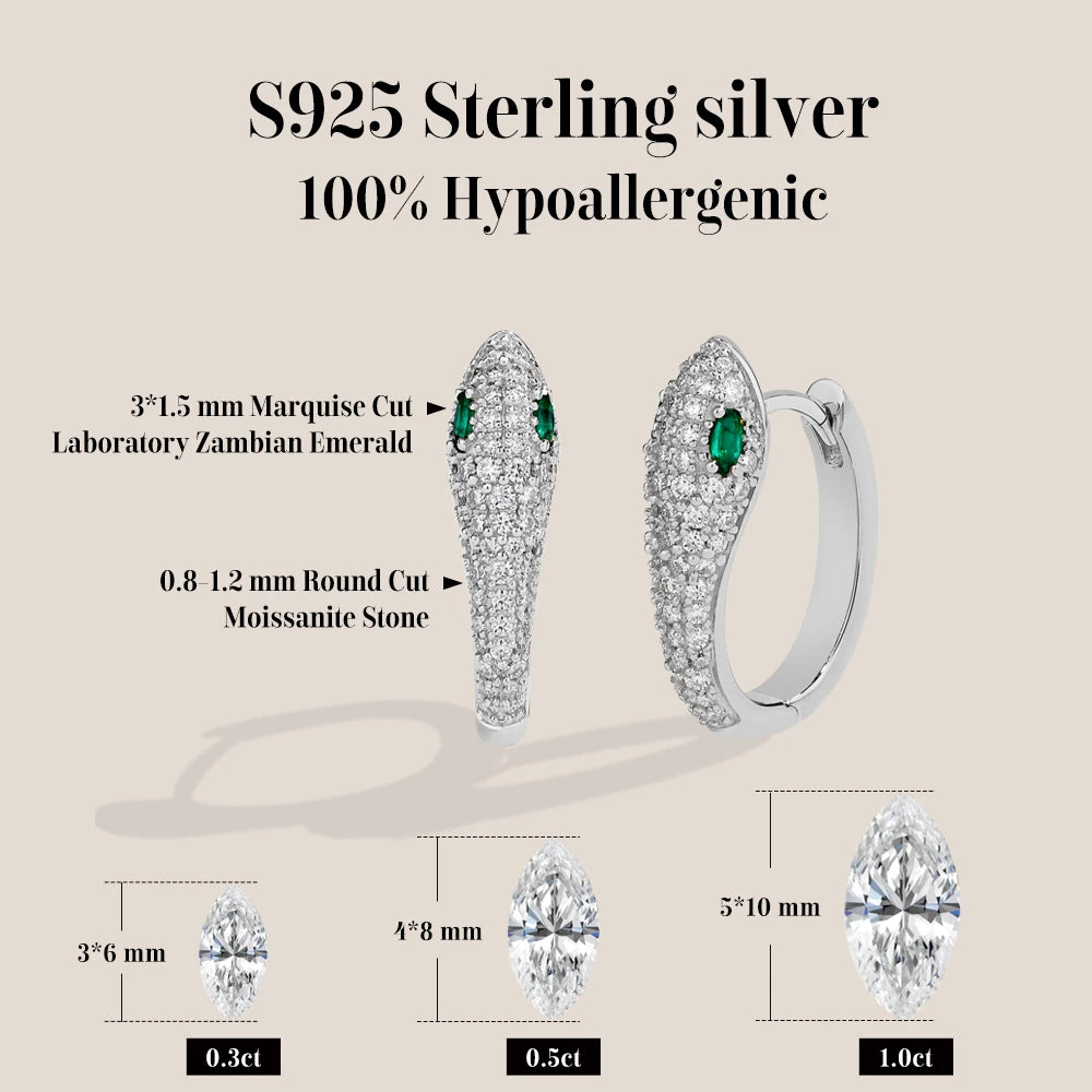 Enchanted Emerald Snake Stud Earrings in Moissanite and Sterling Silver