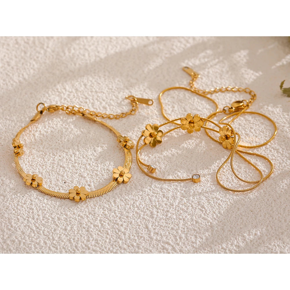 Chain and bracelet jewelry set stainless steel flower