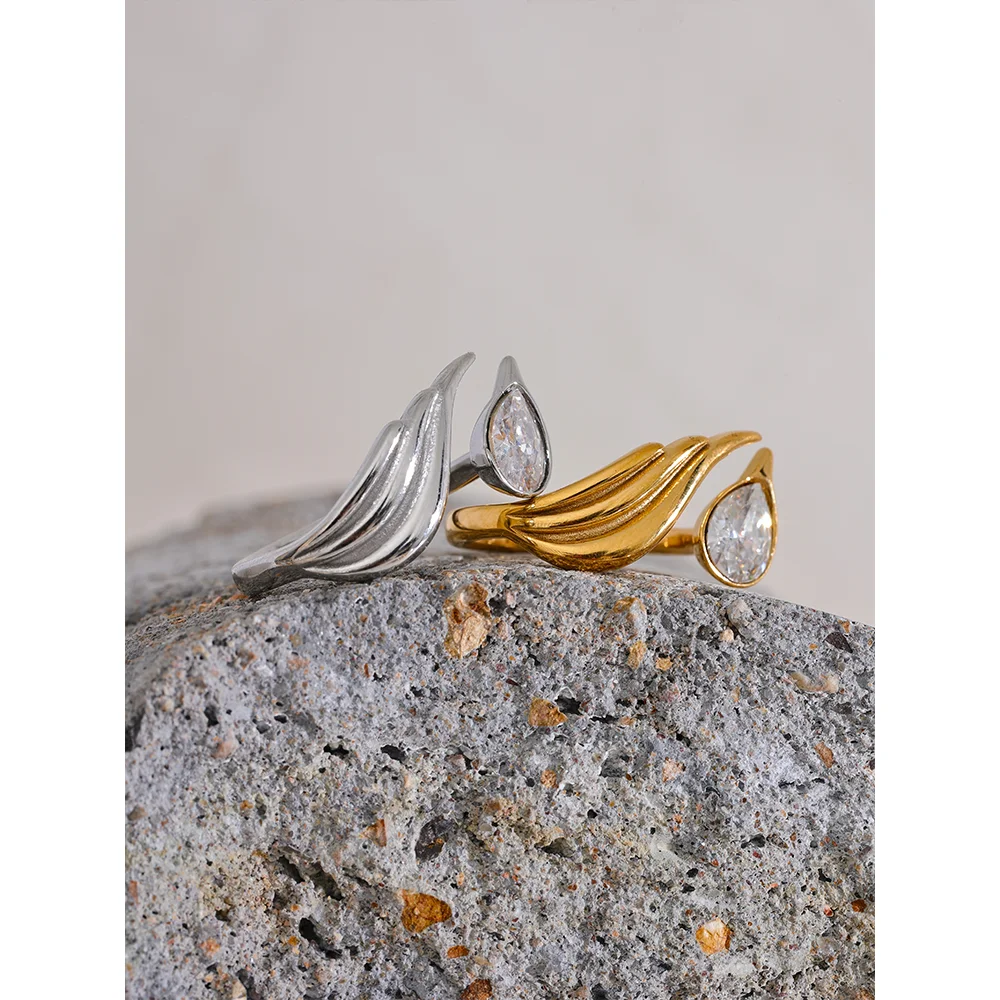 Cubic zirconia accent on feather stainless steel ring for elegance