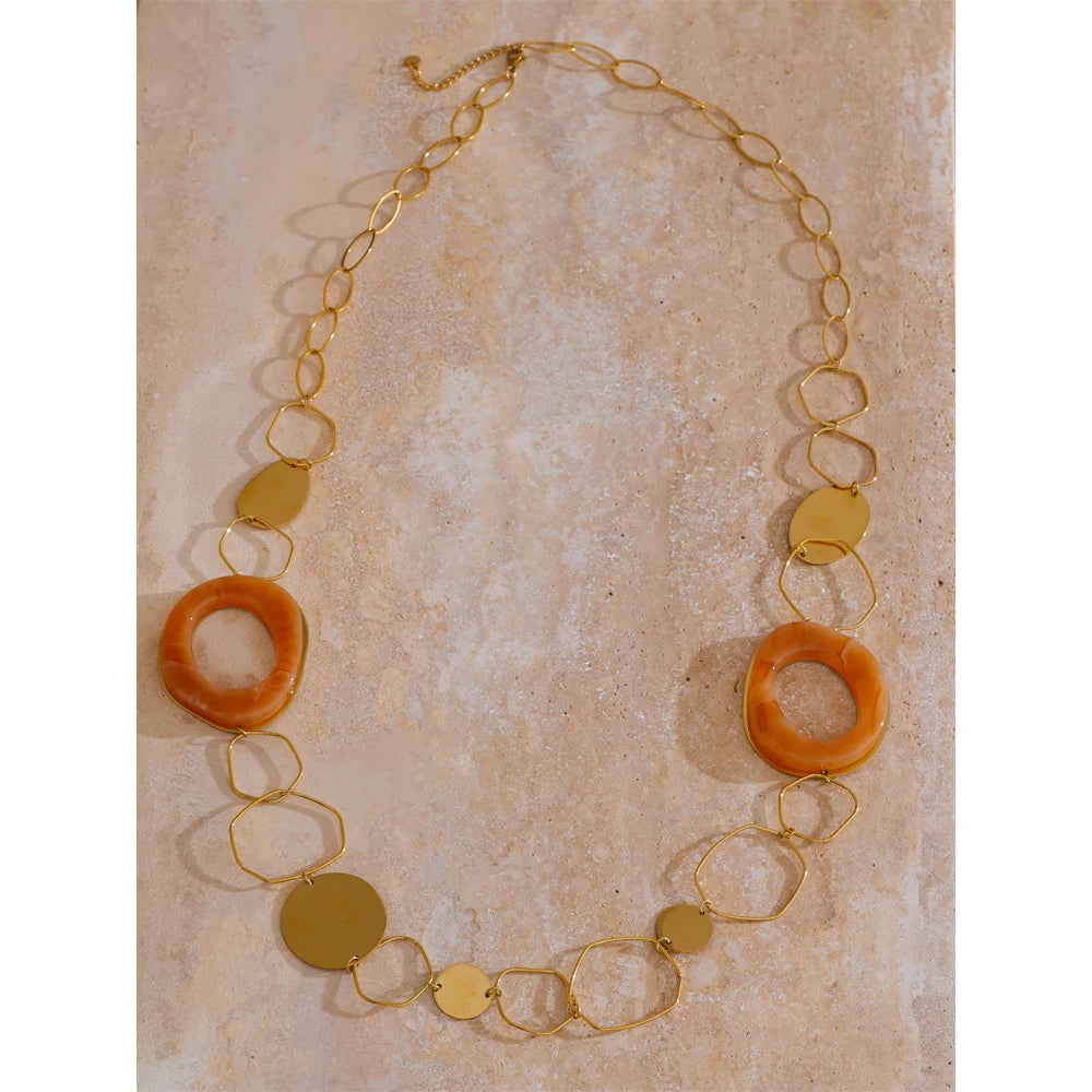 Waterproof long chain necklace with resin hollow design