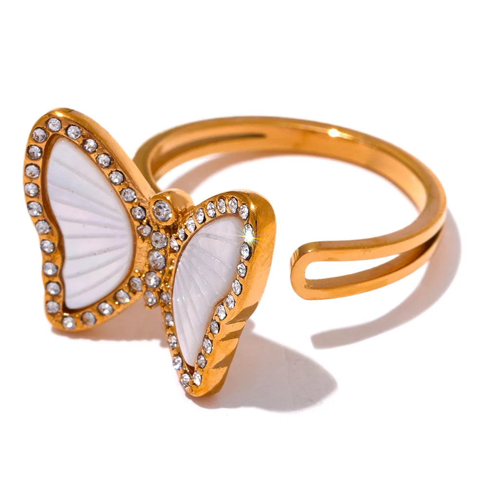 Butterfly ring with cubic zirconia sparkle on a gold ring finish