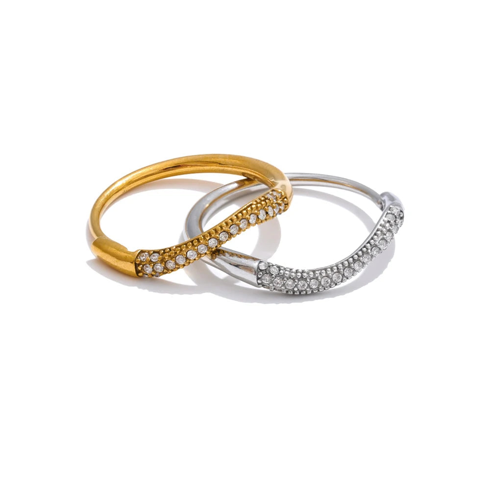 Adjustable thin ring with cubic zirconia inlay in gold plated stainless steel jewelry