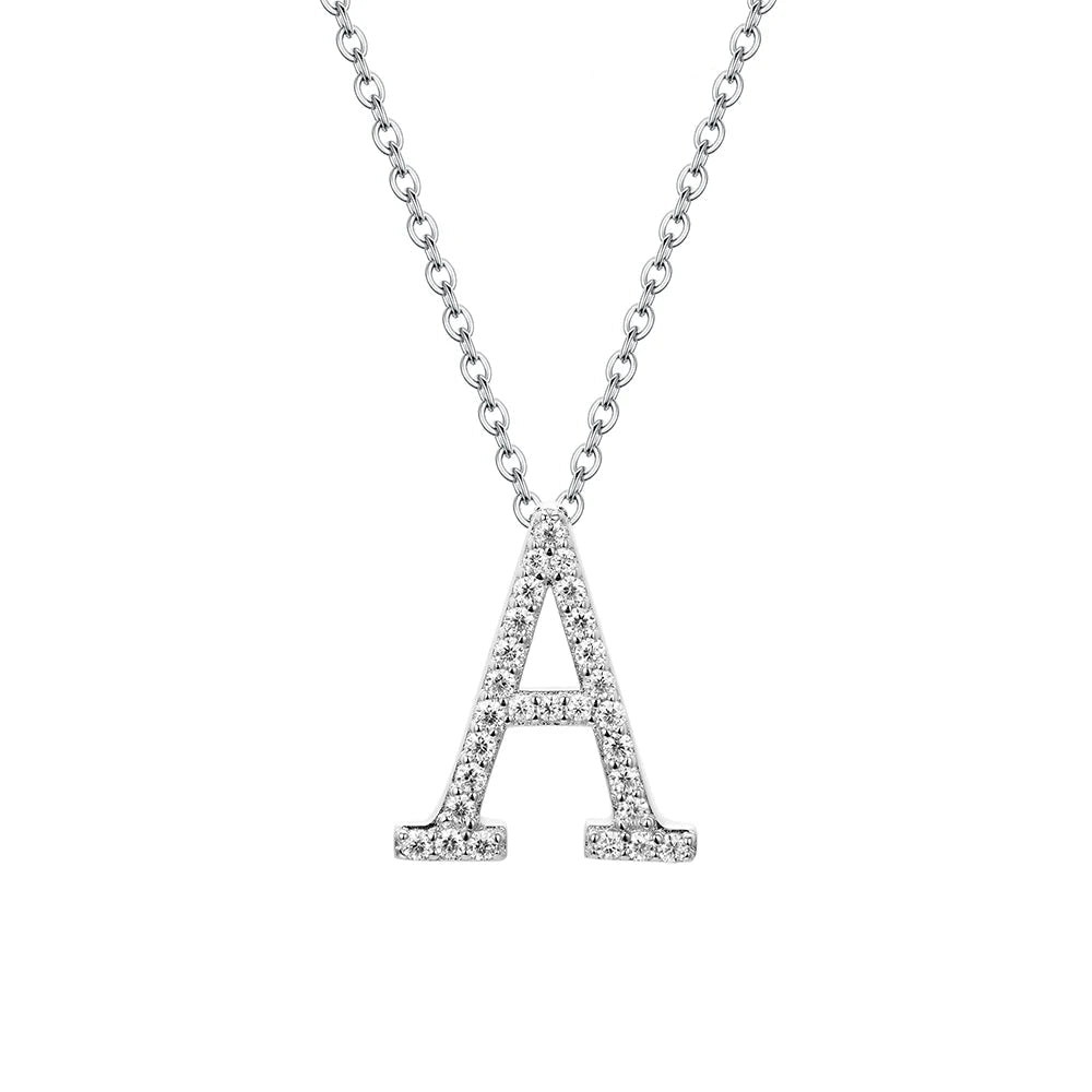 A sparkling silver letter pendant with VVS1 D color Moissanite stones set in a rhodium-plated chain.