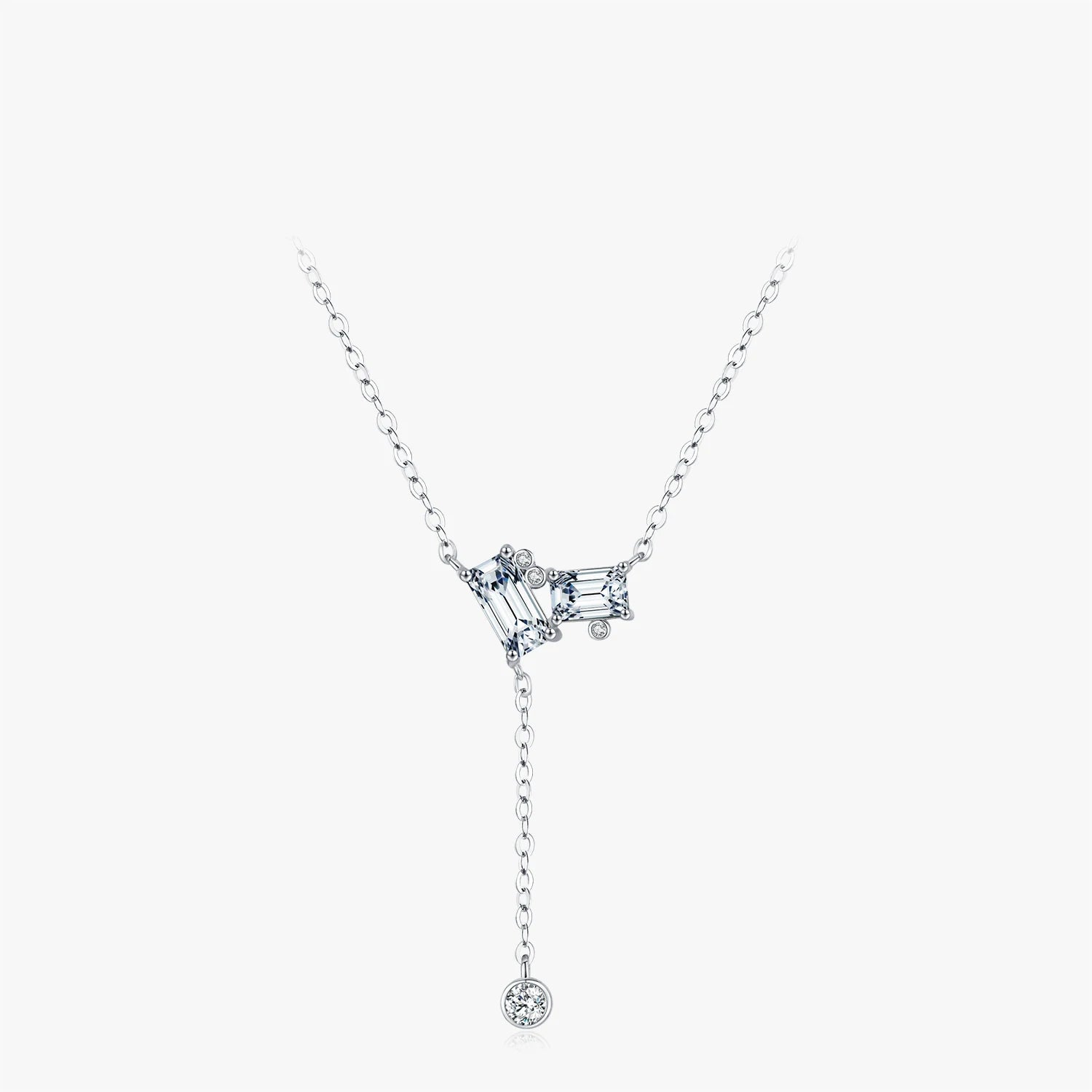Rectangle clear CZ link chain lariat necklace in sterling silver