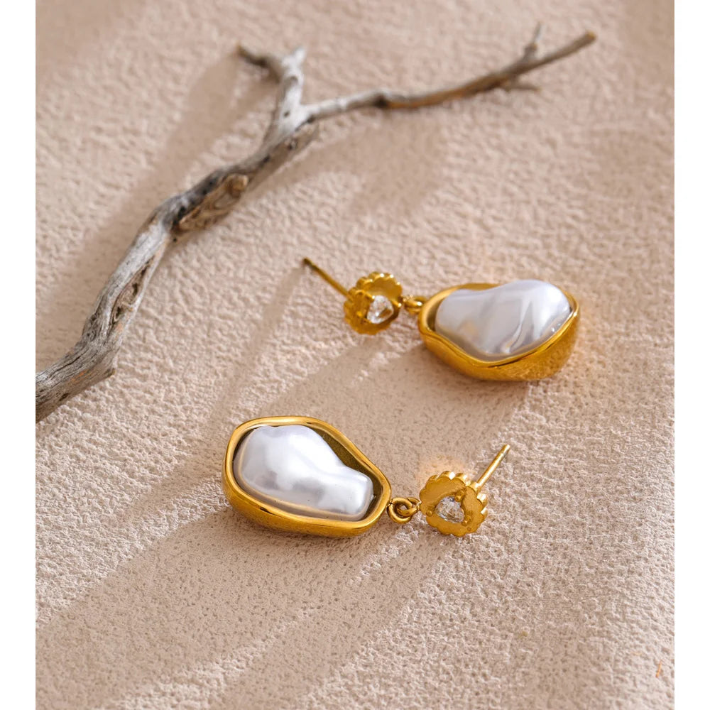 Stainless steel jewelry gold earrings gold with pearl drops