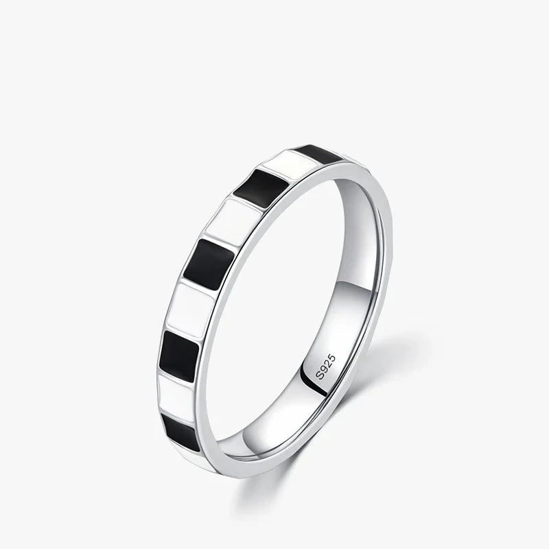 Black and white grid enamel ring in 925 sterling silver