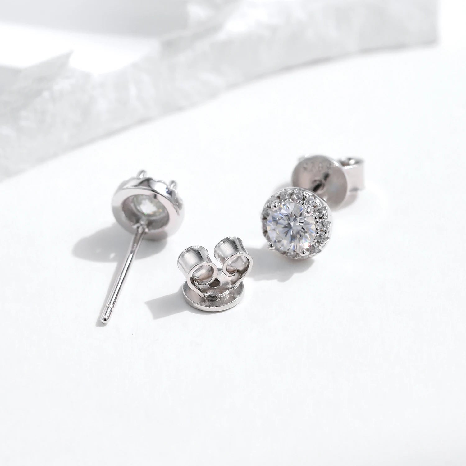 Silver earrings stud earrings with moissanite and halo glow