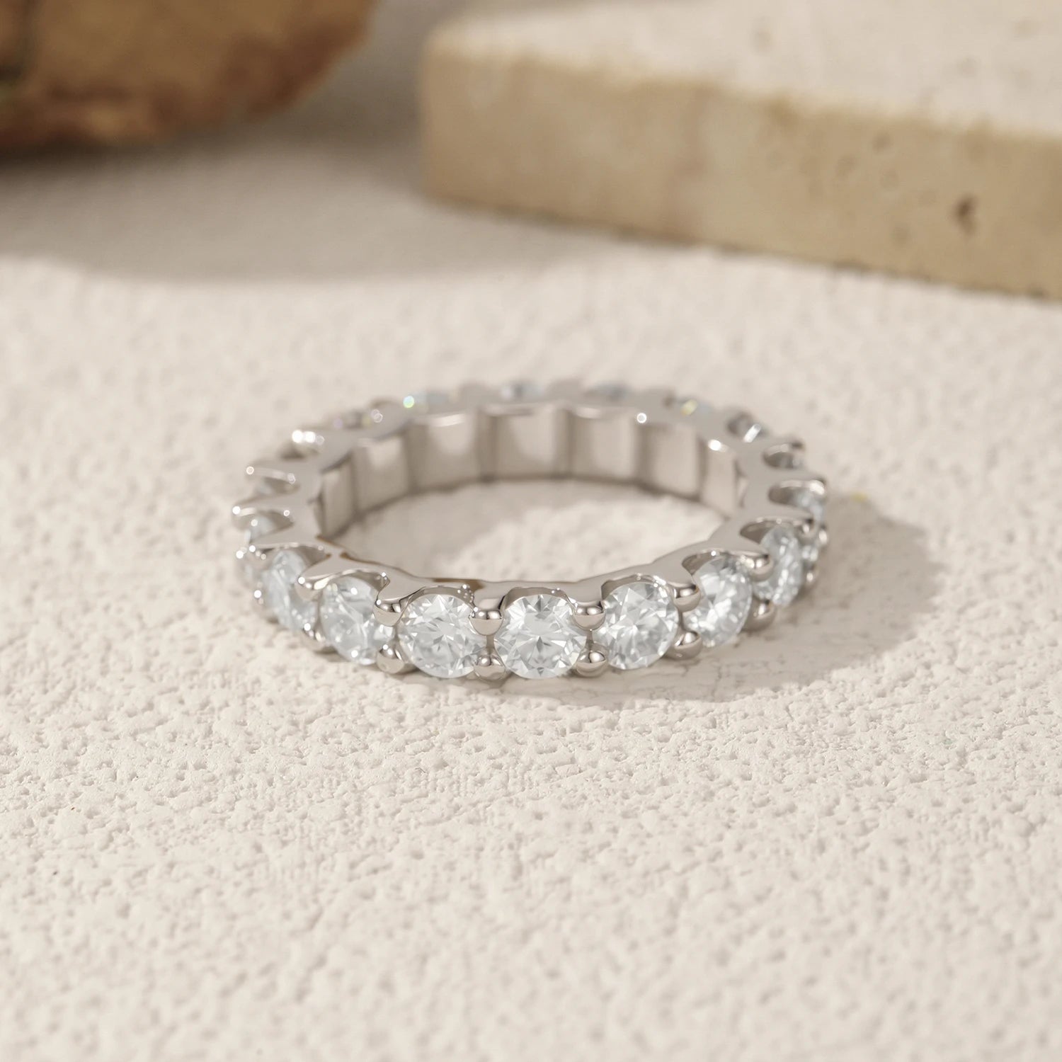 Sterling silver eternity band with D color moissanite