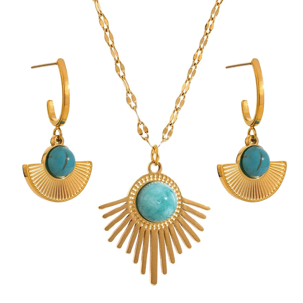 Geometric stone pendant & earrings set stainless steel gold plated