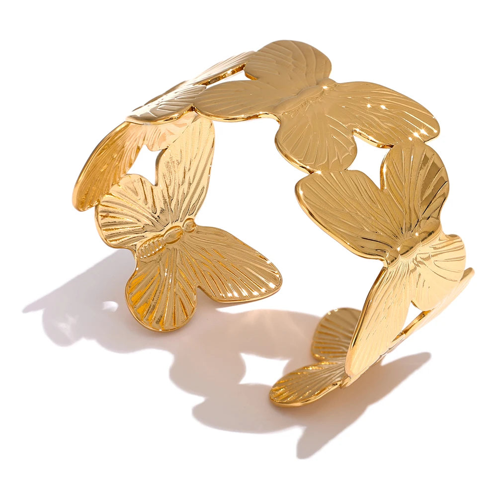 Butterfly open cuff bracelet stainless steel wide polished finish