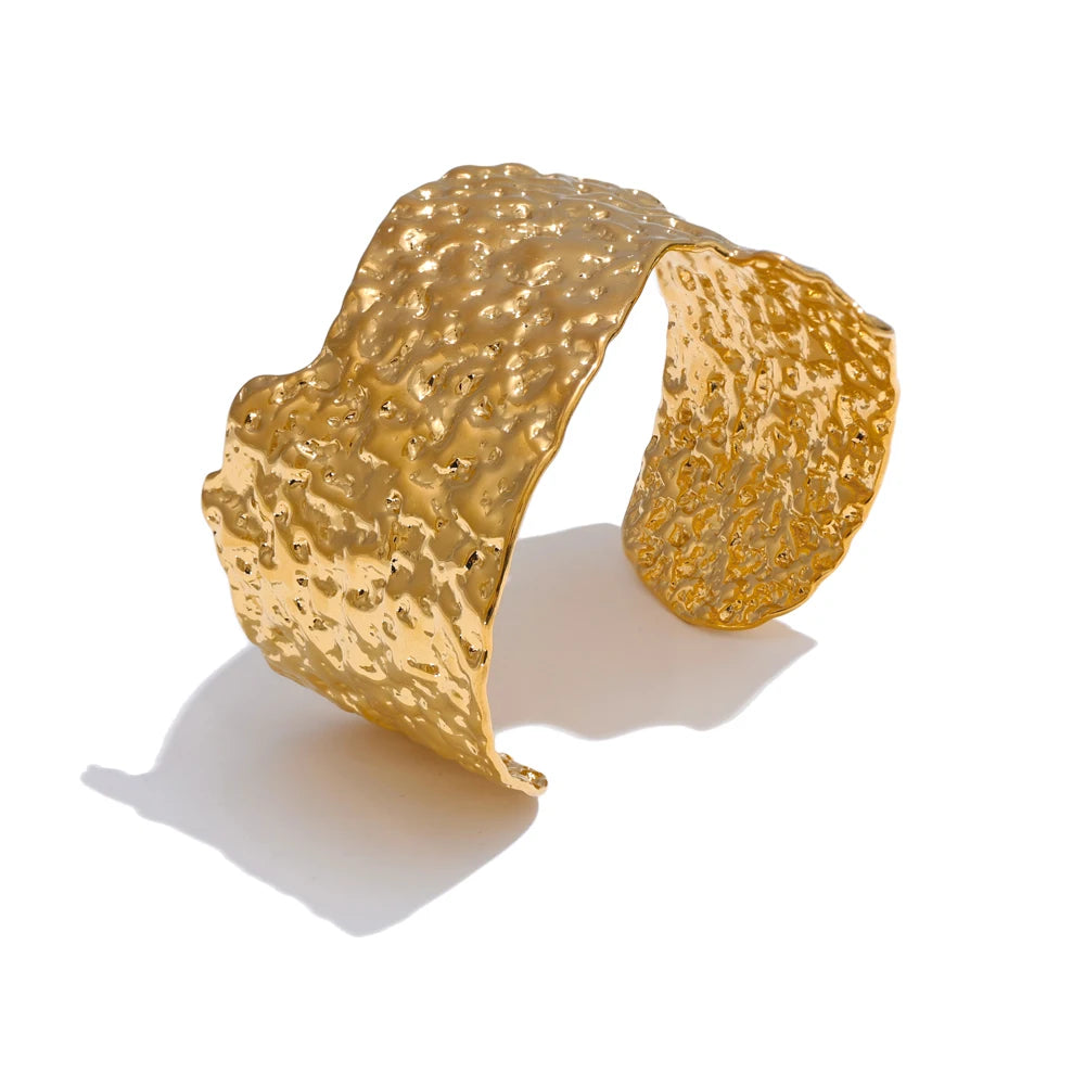 Open cuff bracelet wide and hammered in gold finish