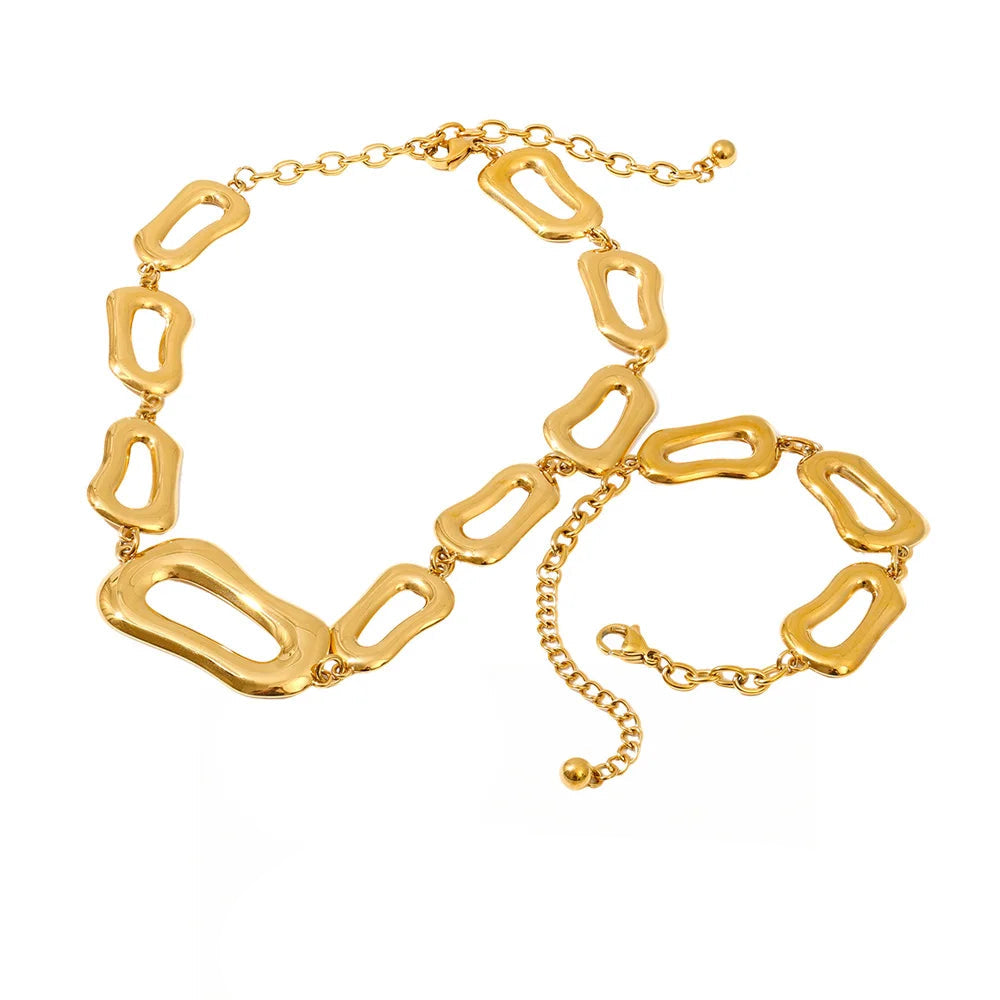 Rectangle chain necklace and bracelet set in stainless steel jewelry with gold plated finish