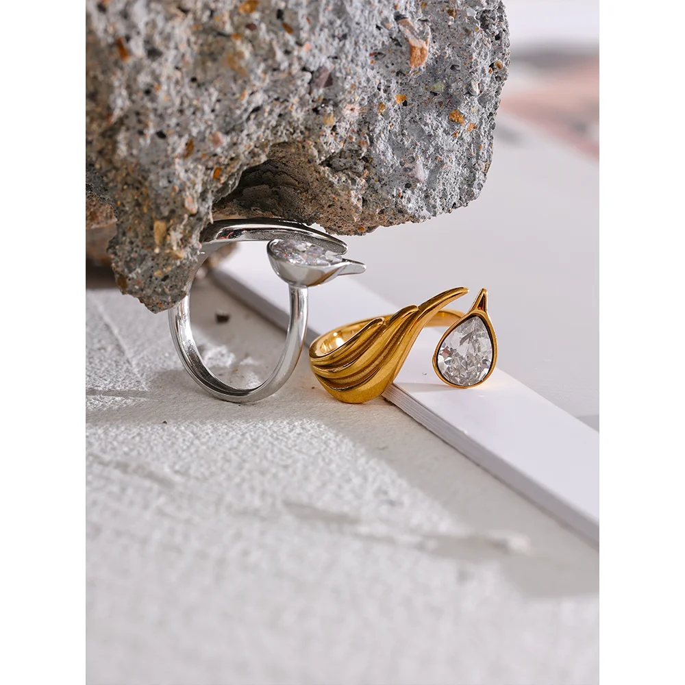 Stainless steel ring with feather charm and gold plated shine