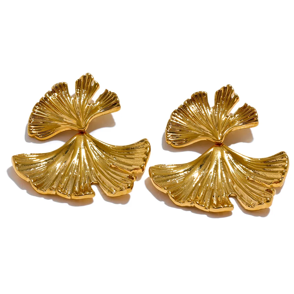 Gold earrings ginkgo leaf drop stainless steel shine