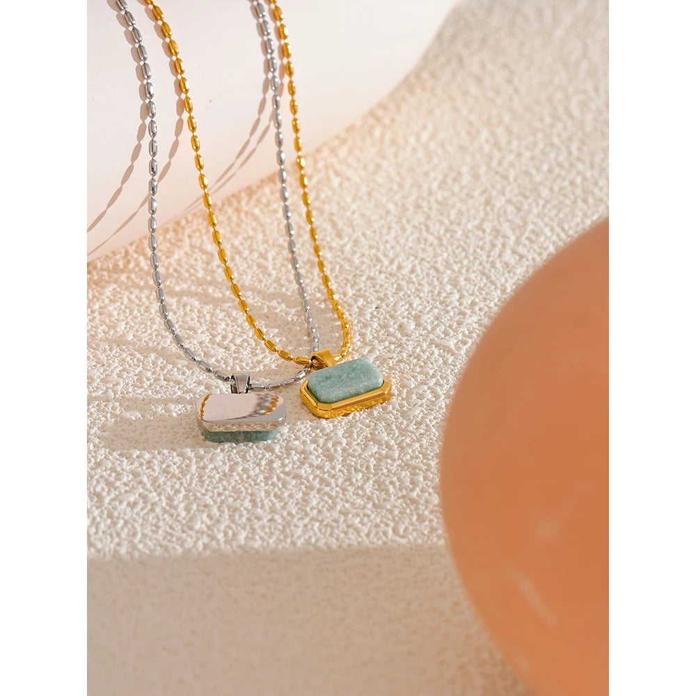 Close view of Amazonite Stone on a gold plated necklace gold style