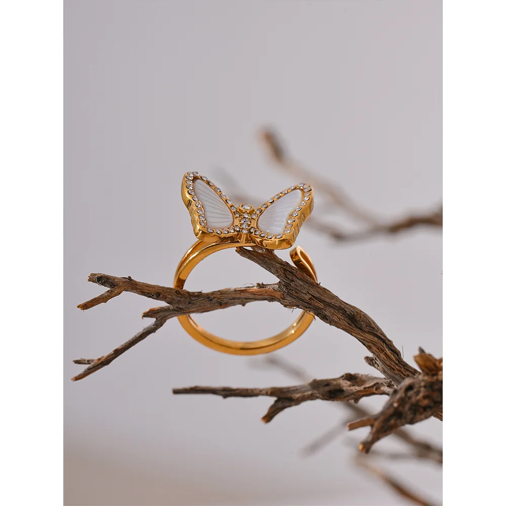 CZ rings highlight on a gold plated butterfly ring with cubic zirconia