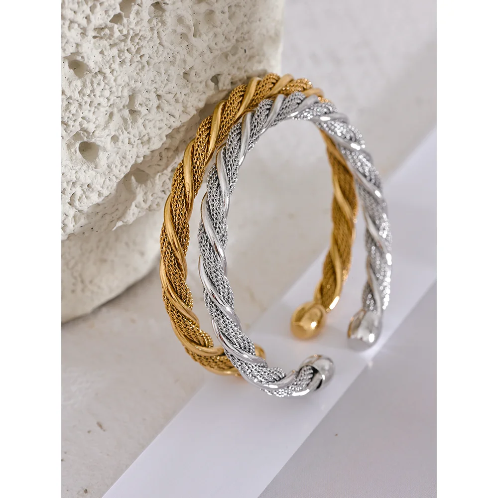 Jewelry stainless steel bracelet cuff with subtle gold plated polish