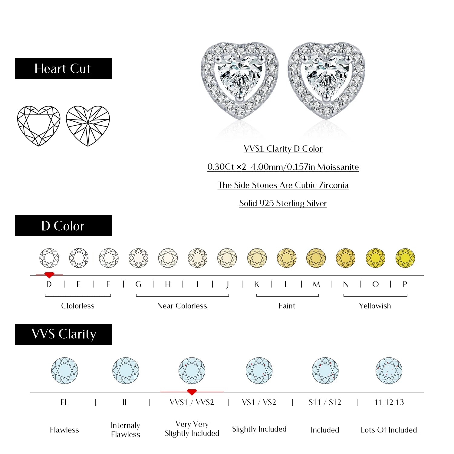 Classic diamond earrings look with heart shaped moissanite