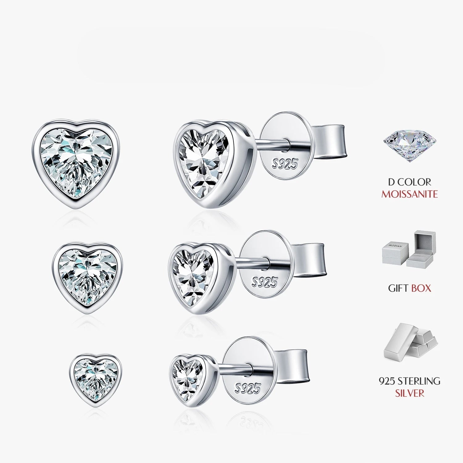 Heart shaped moissanite ear studs crafted in 925 silver