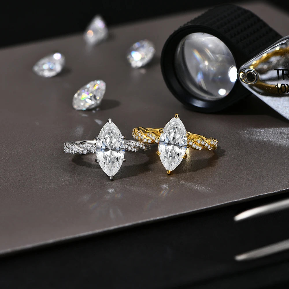 Close up showing marquise diamond facets on a moissanite ring for women