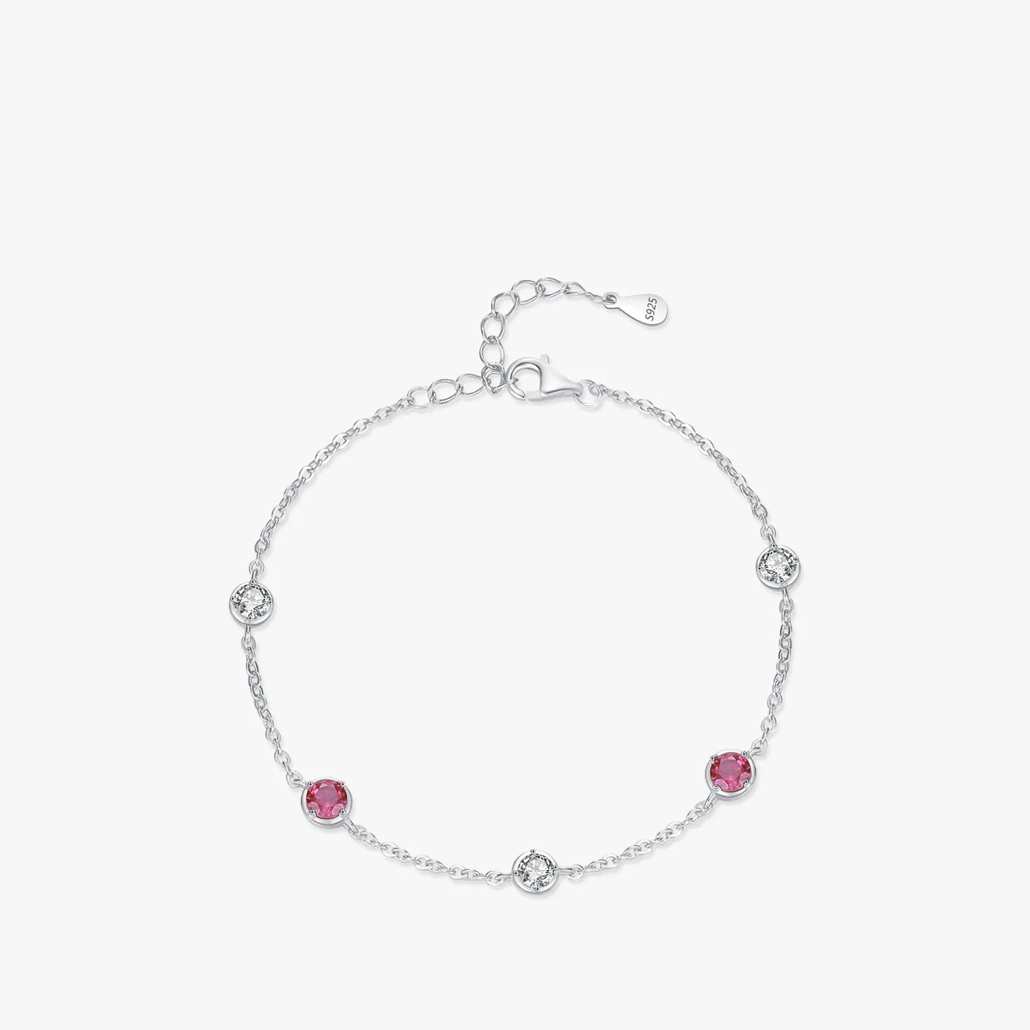 Sterling silver bracelet chain with cubic zirconia red stones in silver color
