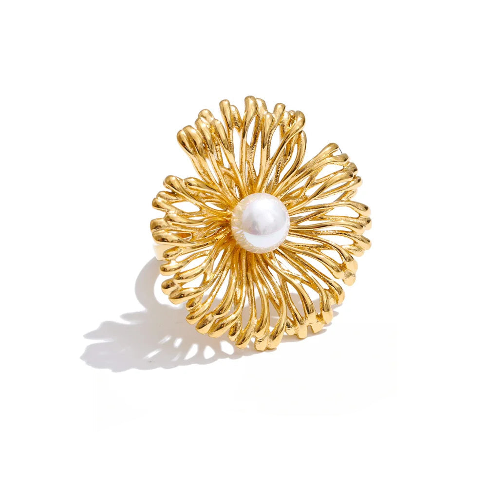 Gold plated pearl flower adjustable ring in stainless steel