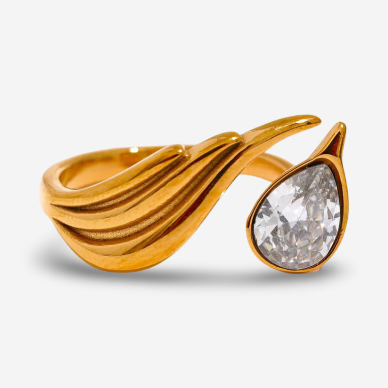 Gold plated stainless steel feather ring with cubic zirconia