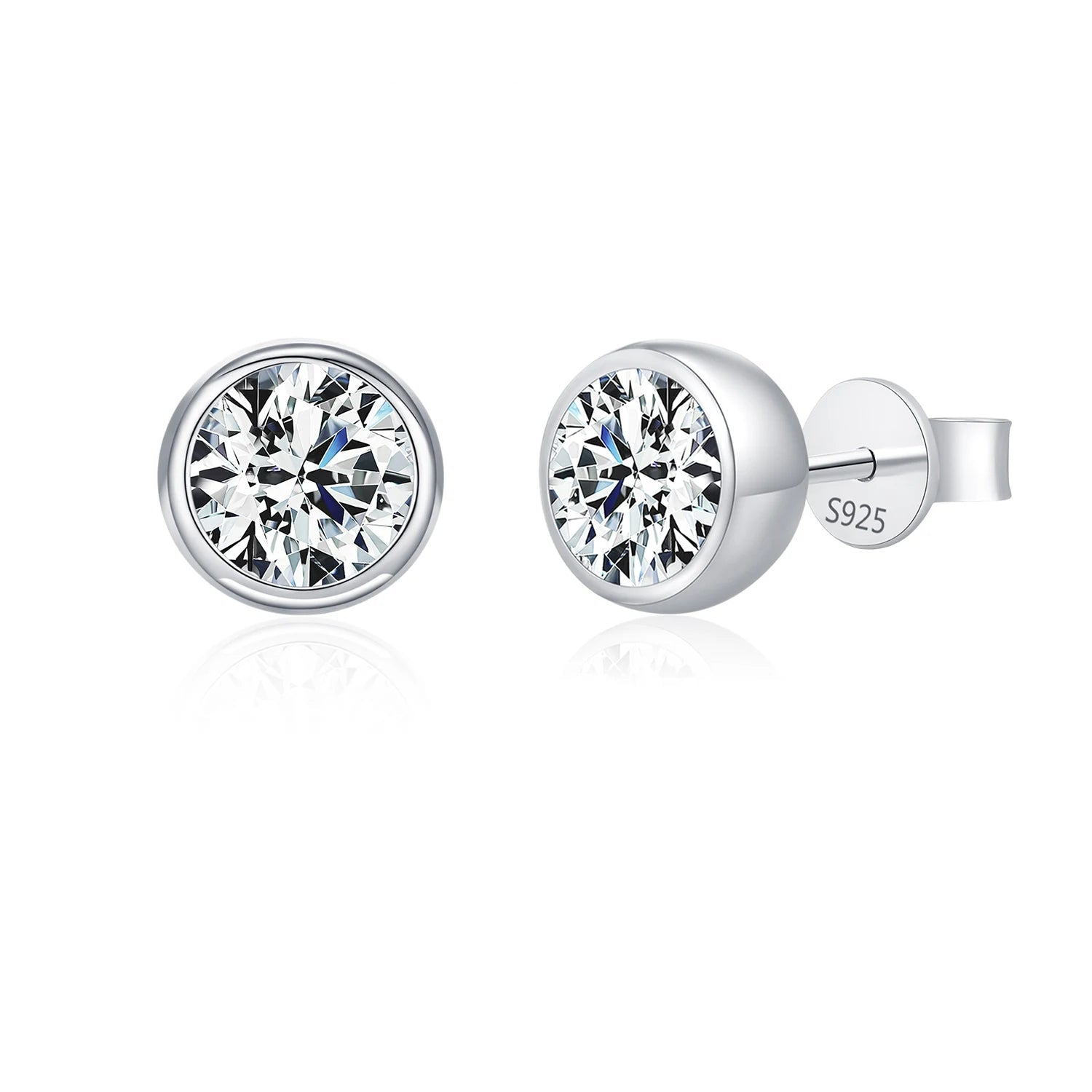 D color bezel moissanite stud earrings in polished 925 sterling silver