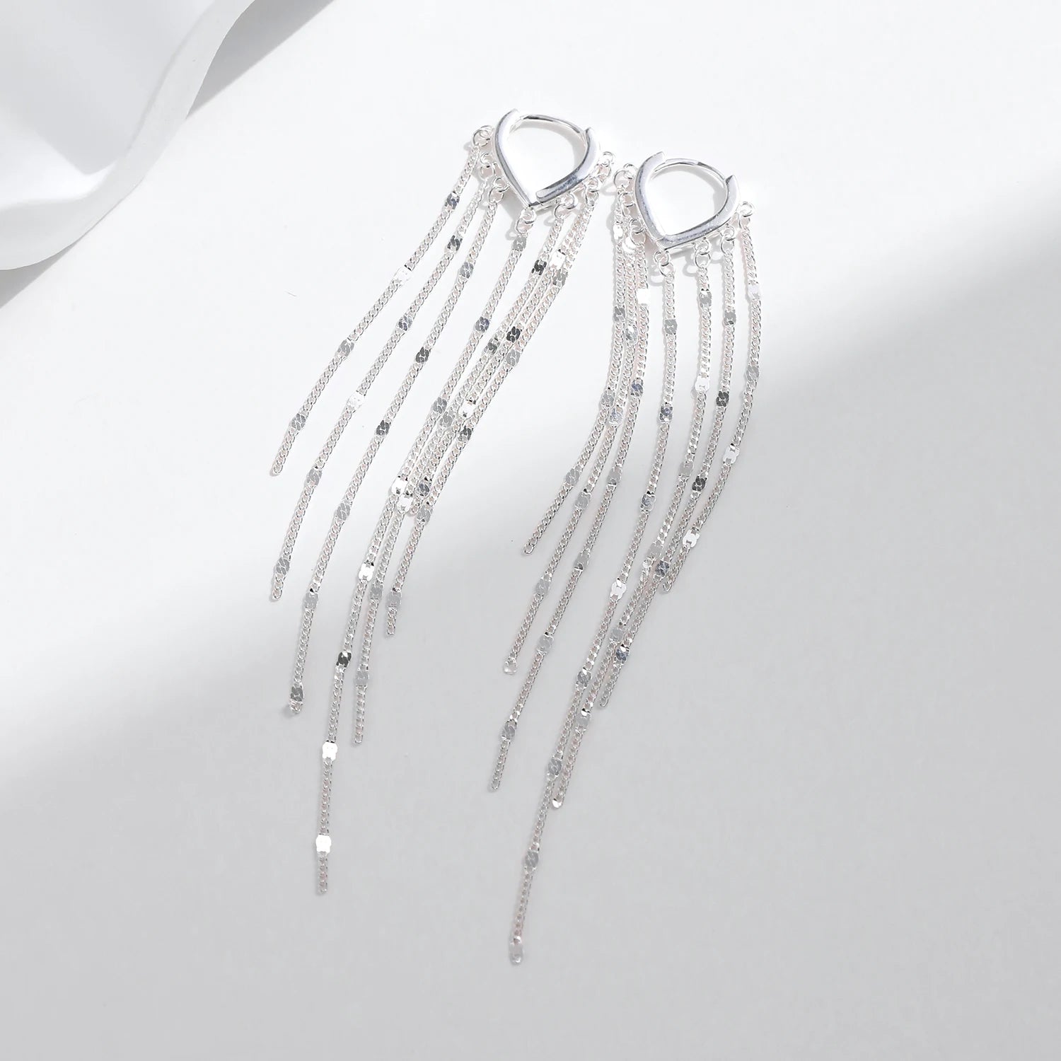 Earrings silver sterling long hoops with delicate chains