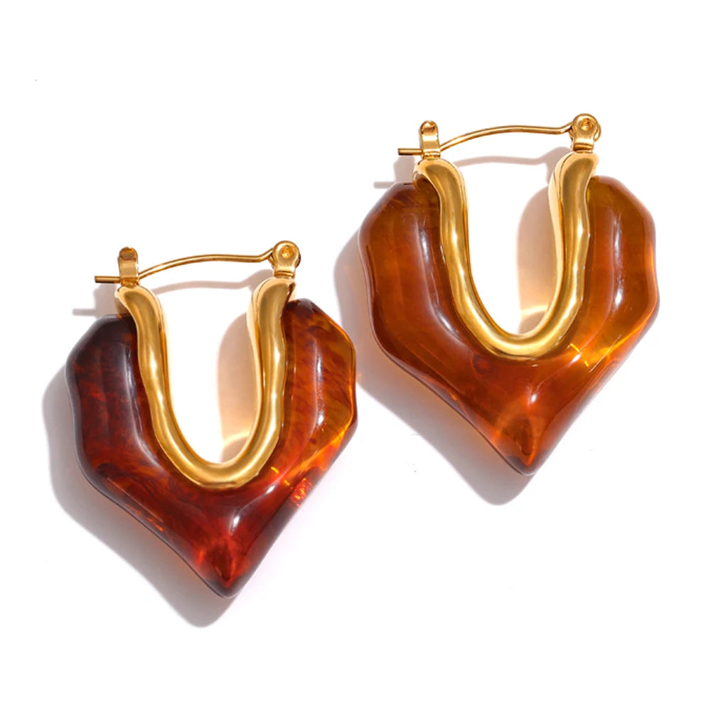 Amber earrings resin geometric gold stainless steel hoops