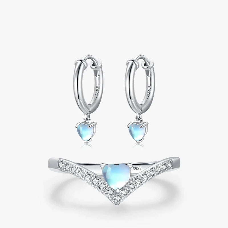 Heart moonstone hoop earrings and matching arrow ring sterling silver set