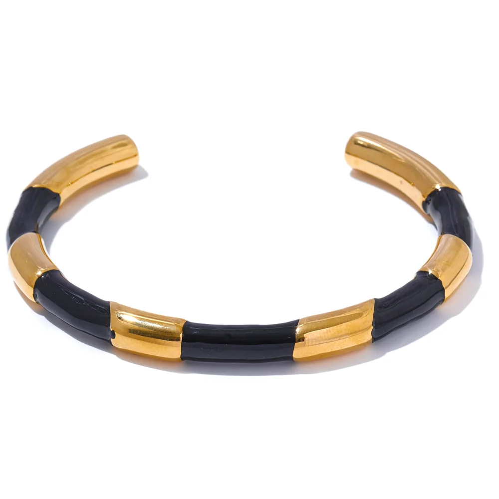 Black & white enamel open cuff bracelet gold plated stainless steel